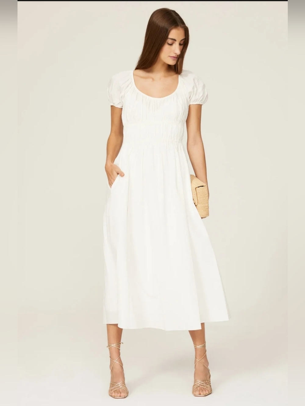 Kate Spade Women's Riviera Seersucker Puff Sleeve White Cotton Midi Dress M $368